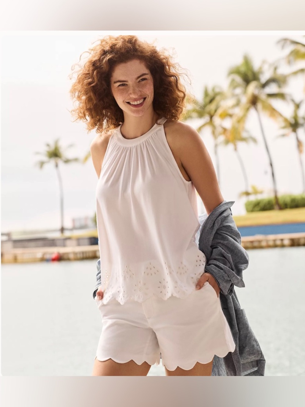 Lands' End White Eyelet Halter Tank Top NWT